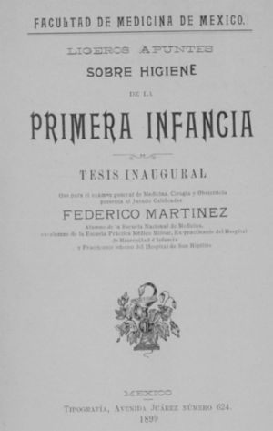 Cover of the opening thesis of Federico Martínez, a physician at the Children's and Maternity Hospital, 1899.