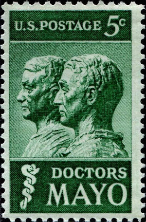 Postal stamp printed by the United States Postal Service on 11th September 1964, as a tribute to brothers William James and Charles Horace Mayo, founders of the Mayo Clinic in Rochester.