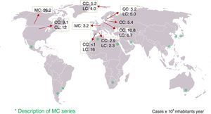 Geographical distribution of microscopic colitis (MC)—collagenous colitis (CC) and lymphocytic colitis (LC)—in different parts of the world. The incidence rates in geographical areas where population-based studies have been conducted are shown.