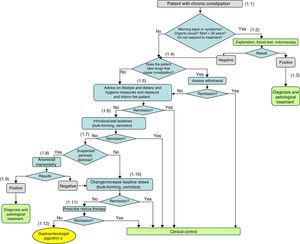 Diagnosis and initial treatment of chronic constipation. (1.1) In most cases there is no underlying organic cause, with it being classified as chronic idiopathic constipation after a full medical history and negative physical examination. Patients who meet the Rome III criteria for functional constipation do not generally require diagnostic testing. (1.2) When there are warning signs in the medical history, a possible organic cause is suspected or constipation begins in a person over 50 years of age, diagnostic tests should be performed: blood test and colonoscopy. These diagnostic studies are also indicated in patients with constipation who do not respond to treatment. (1.3) Secondary chronic constipation may be associated with a wide range of diseases. According to the results, the physician will proceed with the diagnosis and aetiological treatment of constipation. The possible organic causes are diverse and can be consulted in Table 4 of the full guidelines. (1.4) If the result is negative and no aetiological diagnosis has been identified, it is necessary to consider whether the patient takes drugs that cause constipation and if they can be withdrawn. The list of drugs that can cause constipation is extensive and can be found in Table 5 of the full guidelines. (1.5) If possible organic causes have been ruled out and drugs that cause constipation and cannot be withdrawn (or their doses reduced), the initial recommendations are non-pharmacological measures. Assess the advice on lifestyle and dietary and hygiene measures: fibre-rich diet, physical exercise and good hydration. (1.6) Medical treatment with laxatives usually begins after the failure of diet and lifestyle modifications. Currently, there is a wide variety of therapeutic options. First-line treatment involves introducing bulk-forming and/or osmotic laxatives. If the patient is already taking either of these laxatives, changing or adding laxatives from these groups should be considered. (1.7) If there is no response to bulk-forming and/or osmotic laxatives, emphasis should be placed on whether the constipation is causing perianal distress that favours the onset or chronification of anorectal disease. The onset of haemorrhoidal inflammation or bleeding during defecation effort, the recurrence of anal fissure during defecation effort and involuntary urine output may be warning signs of perineal distress. (1.8) If perineal distress is suspected, the possibility of anorectal manometry should be considered to assess the presence of a defecation disorder. (1.9) If the result of the manometry is positive, the physician will proceed with the diagnosis and aetiological treatment. (1.10) If the condition itself was not suggestive of perineal distress or when a negative anorectal manometry has been performed, treatments with bulk-forming and/or osmotic laxatives should be reviewed and the procedure should be changed or the dose increased. (1.11) If there is no response to this modification of bulk-forming and/or osmotic laxatives, the possibility of adding rescue therapy with stimulant laxatives, cleansing enemas or suppositories (second-line treatment) should be considered. (1.12) If they do not respond to this modification, or there is a need for progressive increases in the laxative dose, continuous liquid stools to be able to evacuate, abdominal pain, or worsening of the pelvic floor condition, the patient will be referred to the gastroenterologist.