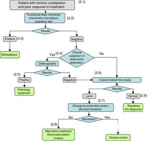 Diagnosis and treatment of the patient who does not respond to bulk-forming or osmotic laxatives. (2.1) When organic disease and/or the intake of drugs that cause constipation have been ruled out and there is no response to non-pharmacological measures (lifestyle and dietary and hygiene measures) or treatments with bulk-forming and/or osmotic laxatives or rescue therapies do not give satisfactory results, it must be suspected that the constipation is caused by a defecation disorder and the patient should be referred to a gastroenterologist for investigation. (2.2) When a defecation disorder is suspected, a functional study with anorectal manometry (on those patients on whom it has not been performed previously) and a balloon expulsion test should be performed. (2.3) If the manometry and/or balloon expulsion test demonstrate a defecation disorder, it will be treated by anorectal biofeedback. (2.4) If the results of the manometry and/or balloon expulsion test are negative, or the patient persists with constipation after his/her dyssynergic defecation has been corrected, the clinical suspicion of persistent obstructive defecation (rectocele, enterocele) shall be considered again and, if positive, video defecography will be performed. (2.5) If the defecography identifies the cause, aetiological treatment will be administered. (2.6) If treatment-refractory constipation persists, and/or if the tests performed to date remain negative, the colonic transit time (CTT) will be determined. A slow CTT may be a consequence of an underlying condition (metabolic, endocrine, systemic disease) or associated with neuropathic or myopathic alterations of the colonic wall. (2.7) If the CTT is slow, treatment with laxatives should be optimized by adding prokinetics and/or stimulant or secretory laxatives. Cleansing enemas or suppositories may be used as rescue medication. (2.8) If there is no response to prokinetic laxatives and stimulant and secretory laxatives, other treatments will be considered: electrostimulation, surgery. (2.9) If the CTT is negative, the patient will be reassessed and the possibility of alternative diagnoses will be reconsidered.