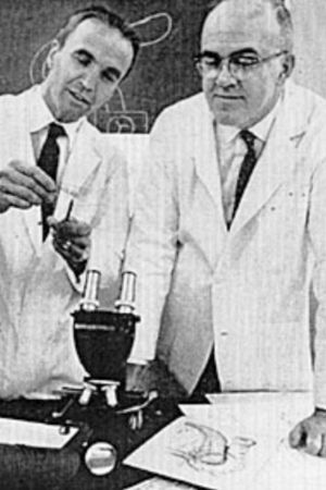 Richard C. Lillehei (left) and William D. Kelly, who performed the first simultaneous kidney and pancreas transplant from a cadaver donor at the University of Minnesota on 16 December 1966.