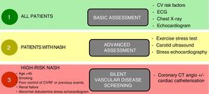 Proposed plan for pre-transplant cardiological assessment according to cardiovascular risk. Notes: Cardiovascular risk factors should be suitably under control before transplant. Clinically significant vascular disease should be treated and stabilised before transplant. Adapted from Malhi et al.169