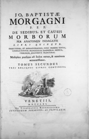 Cover of the book published by Giovanni Battista Morgagni in 1761 in which he described the existence of pancreatic calcifications in some of the dissections he performed.
