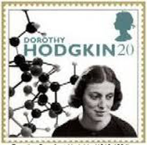 Stamp published in 1996 in homage to Dorothy Crowfoot Hodgkin which has a photo of her and part of the three-dimensional structure of insulin that she described.