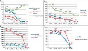 Analytical changes in Hb in g/dl and bilirubin in mg/dl (A), transaminases and LDH (B and C), and triglycerides and total cholesterol in mg/dl (D). * Day of discharge from hospital.