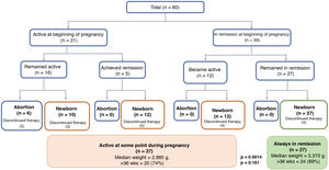 Pregnancy outcome according to inflammatory activity.
