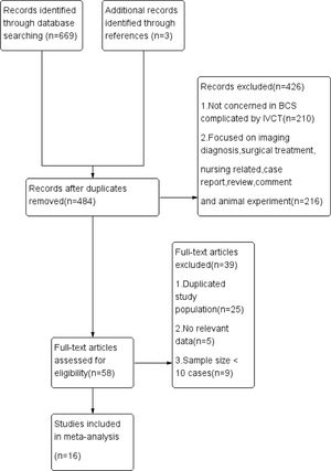 Flow diagram of studies selection in meta-analysis. BCS, Budd–Chiari syndrome; IVCT, Inferior Vena Cava thrombosis.