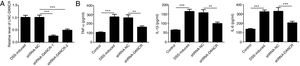 The effects of LncRNA-DANCR knockdown in the colitis stimulated by DSS. (A) DANCR level was reduced obviously by shRNA-DANCR-2 and more obviously by shRNA-DANCR-1 when compared with DSS-induced group. (B) LncRNA-DANCR has attenuative effects on inflammatory level induced by DSS (data are presented as mean±SD, **p<0.01, ***p<0.001, n=3).