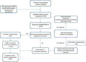 Diagnostic algorithm. GORD: gastro-oesophageal reflux disease; HRIM: oesophageal high-resolution impedance manometry; RS: rumination syndrome.