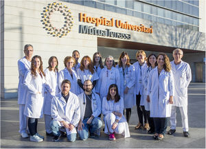 Gastroenterology team of the Mútua Terrassa University Hospital in 2018. From left to right: Jorge Espinós, Eva Tristán, Diana Horta, Xavier Andújar, Montserrat Forné, Lissette Batista, Carme Loras, Albert Martín-Cardona, Beatriz Arau, Maria Esteve, Laura Ruiz-Campos, Meritxell Mariné, Montserrat Aceituno, Agnès Raga, Yamile Zabana, and Fernando Fernández-Bañares.