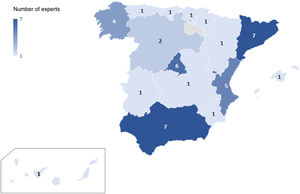 Geographical distribution of Delphi participants: 41 experts from 16 (out of 17) Autonomous Regions and number of experts per Autonomous Region.