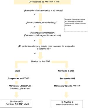 Proposed algorithm to consider the de-escalation of anti-TNF treatment based on drug levels.