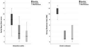 Results of clinical disease severity scores in IBD patients treated with VDZ.