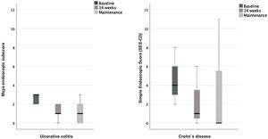 Results of endoscopic activity scores in IBD patients treated with VDZ. Each box contains the data between the first and third quartiles and the black line within each box represents the median. The whiskers extending from the box represent the data variability.