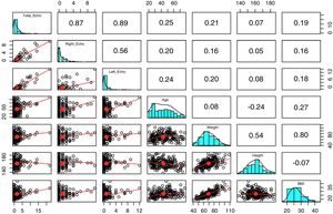Correlation matrix. Scatter plot and frequency histogram between the sum of the Szkudlarek semi-quantitative scale scores, the age and anthropometric aspects.