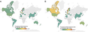 Prevalence of inflammatory bowel disease in the world. A) Crohn’s disease. B) ulcerative colitis1,8,10–14,19.