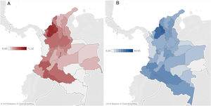 Geographic distribution of the prevalence of inflammatory myopathy for the period by departments by gender and age group adjusted to Colombian population. Prevalence is calculated with the average population of the period as denominator per 100,000 population. (A) Female. (B) Male.