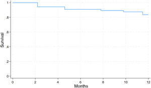 Relapse-free survival function in the first year in patients with ANCA-associated vasculitis.