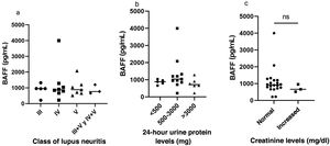 Serum BAFF levels and (a) classes of lupus nephritis, (b) 24 h urine protein and (c) serum creatinine. BAFF: B-cell activating factor.