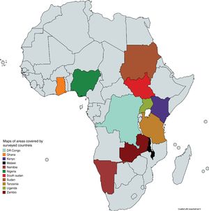 Maps of surveyed countries with large areas covered on the continent.
