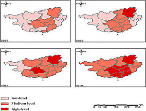 Spatial measurement and analysis of comprehensive level of rural economy in Guangxi.