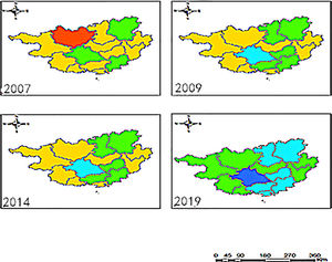 Spatial distribution of coupling coordination degree of rural economy and agricultural ecological environment in Guangxi cities.