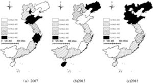 Development level of marine low carbon in 11 marine provinces in China; 2007, 2013, 2018.
