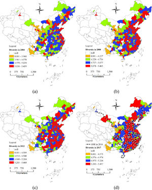 The dynamics of technological diversity in China Note: (a) is the map of technological diversity in 2004; (b) is the map of technological diversity in 2008; (c) is the map of technological diversity in 2012; (d) is the map of technological diversity in 2017, and the map of HSR lines in 2016 is from Li (2016).