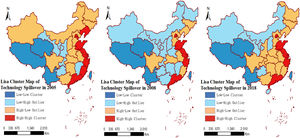 Geographical distribution of imported intermediate technical spillovers in 2005, 2008 and 2018.