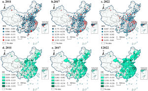 Spatial distribution patterns of DTI and CE in Chinese cities.