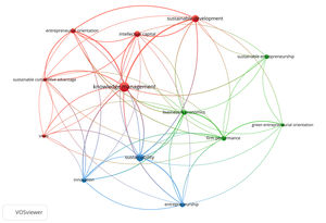 Networks of investigated themes. Note: Node size represents citation frequency of each keyword; colors represent thematic clusters identified through co-citation analysis.