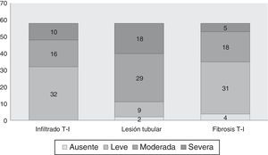 NTI con biopsia renal (grupo 2, n=58). Prevalencia de score de gravedad de las lesiones histológicas analizadas. Score promedio de lesiones histológicas, de 10 campos, 20× de cada biopsia: ausente (0); leve (1): cuando la lesión era menor al 25% de la muestra; moderada (2): cuando compromete entre 25-50%, y severa (3) cuando es mayor al 50%.
