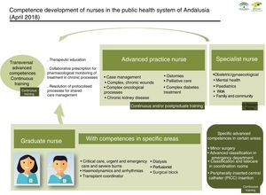 Graphic representation of competence development by practice profiles in the SSPA. Care strategy of Andalusia, 2018.