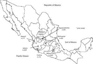 Geographic location and size of the sample (n) of mestizo population in western Mexico analysed in this study, and of the only population studied previously.