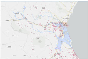 Map showing the affected riverbeds and rivers, and flooded areas. Taken from MapDANA.2