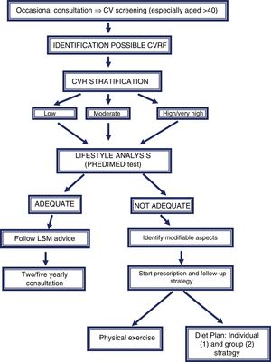 Lifestyle modification (LSM) prescription algorithm in primary care consultations for patients with cardiovascular (CV) screening. (1) Individual strategy: initial consultation and back-up consultations (1–3–6–12 months). (2) Group strategy: group sessions, 4 sessions (2–4–8–10 months).