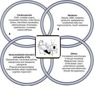 Clinical consequences of sedentary behaviour. The pathophysiological effects of sedentary behaviour encompass a wide range of disorders, particularly cardiovascular and metabolic alterations, favouring or accelerating progression to diabetes or atherosclerotic cardiovascular disease.
