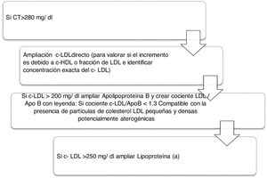 Algorithm number 2: Incorporation of the parameter Lp(a) for detection of patients with high cardiovascular risk: identify total cholesterol in patients increasing the type of LDL-C and whether there is also an increase of Lp(a) which enhances the patient’s CVR.