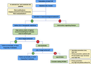 Treatment algorithm for pharmacological LDL-C lowering. LDL-C: low-denpsity lipoprotein cholesterol; iPCSK9: inhibitor of proprotein convertase subtilisin/kexin proprotein convertase type 9; CVR: cardiovascular risk. Modified from Mach et al.49