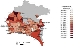 Percentage of population with triglyceride values above 150mg/dl by postcode in the province of Huelva.