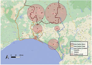 Clustering clusters for triglyceride values above 150mg/dl by postcode in the province of Huelva.