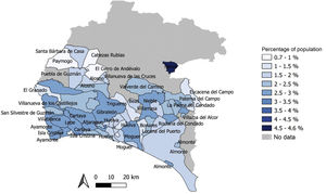 Percentage of population with low-density lipoprotein cholesterol (LDLC) values above 190mg/dl by postcode in the province of Huelva.