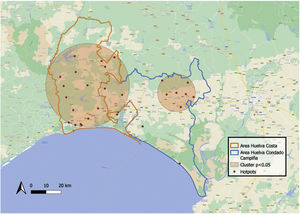 Clustering clusters for low-density lipoprotein cholesterol (LDLC) values above 190mg/dl by postcode in the province of Huelva.