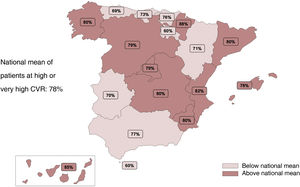 Distribution of patients at high/very high cardiovascular risk by autonomous community. All patients in secondary prevention were considered to be at very high cardiovascular risk, regardless of the risk classification by the participating physician. CVR, cardiovascular risk.