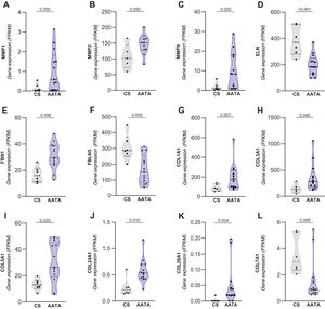 Gene expression of markers related to ECM remodelling process in patients’ ascending thoracic aortic aneurysm (ATAA). A–F. Expression of genes encoding different metalloproteinases and essential proteins that form and maintain the integrity of elastin fibres. G–L. Expression of genes encoding different subtypes of proteins that form collagen fibres. The studies were performed on samples of the ascending aorta from patients with ATAA (n = 13) and healthy controls ([HC] n = 6). Data are expressed as median and quartile ranges; Wilcoxon rank sum test was used to evaluate differences between groups. A p-value of <.05 was considered statistically significant.