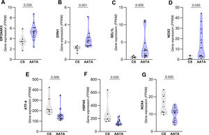 Differential gene expression of endoplasmic reticulum stress (ERS) markers and the catalytic subunit of the NADPH oxidase complex in patients with ascending thoracic aortic aneurysm. A-D. The EIF2AK3, ERN1, SEL1L, and NOX2 genes were found to be significantly increased in the patient group, while the expression of the genes ATF-4, HSPA5, and NOX4 (E-G) was found to be decreased. The studies were performed on ascending aorta samples from patients with ATAA (n = 13) and healthy controls (n = 6). The Wilcoxon rank sum test was used to evaluate differences between the two groups. A p-value <.05 was considered statistically significant.