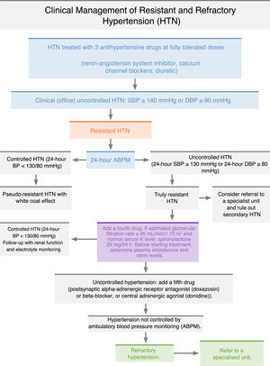 Clinical management of resistant and refractory hypertension. ABPM: ambulatory blood pressure monitoring; DBP: diastolic blood pressure; SBP: systolic blood pressure.