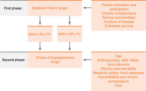Therapeutic scheme in type 2 diabetes mellitus (DM). BMI: body mass index; HbA1c: glycated haemoglobin.