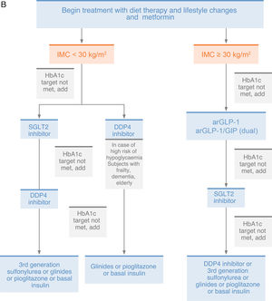 (A) Therapeutic regimen in patients with type 2 diabetes mellitus; established atherosclerotic vascular disease; very high vascular risk; heart failure, or with diabetic kidney disease; (B) Therapeutic regimen in patients with type 2 diabetes mellitus and moderate/low vascular risk, without established atherosclerotic vascular disease, without heart failure, or without diabetic kidney disease. BMI: body mass index; CVD: cardiovascular disease; DM: diabetes mellitus; DPP-4i: dipeptidyl peptidase-4 inhibitors; GLP-1r: glucagon-like peptide-1 receptor agonists; HbA1c: glycated haemoglobin; HF: heart failure; SGLT2i: sodium-glucose cotransporter 2 inhibitors; SU: sulfonylureas.